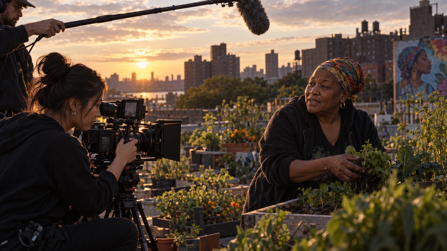 A documentary crew interviewing a Bronx community gardener at sunset