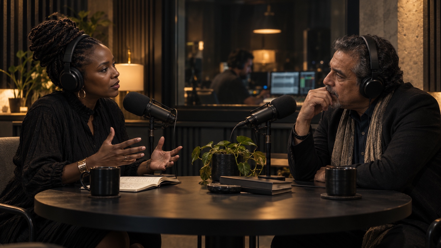 Two guests having a recorded podcast conversation in a professional studio